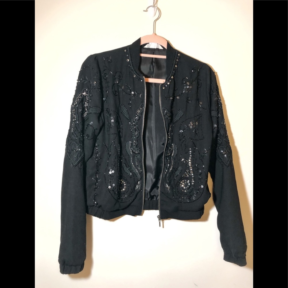 💕Black beaded embroidered bomber jacket